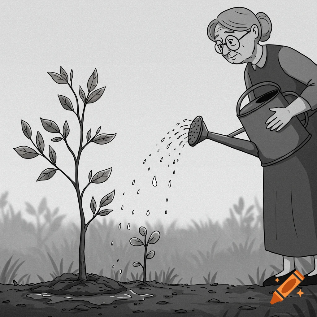 Black and white illustration of an old woman watering two young trees.