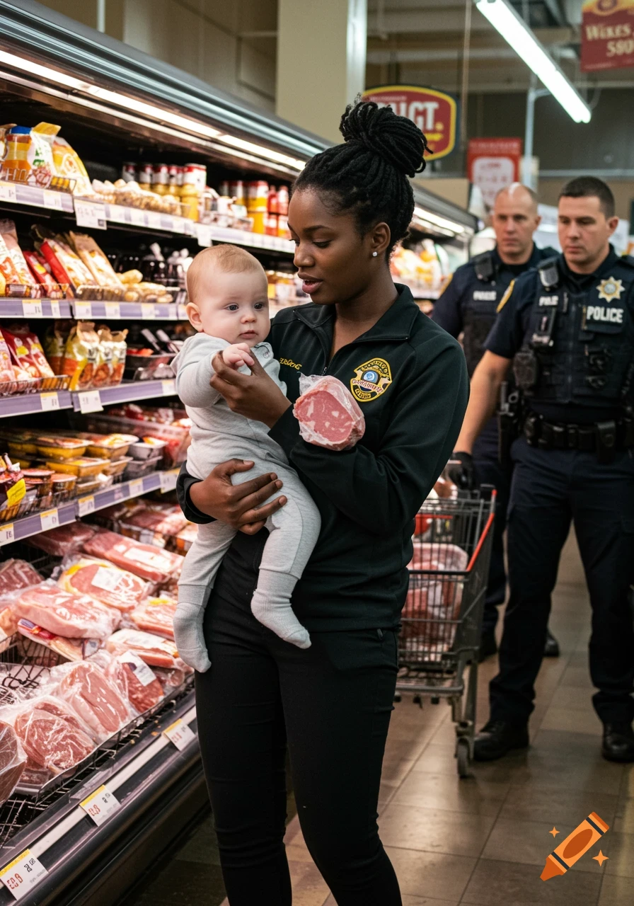 A Black woman holding a baby and deli meat in a grocery store deli aisle, with two police officers behind her.