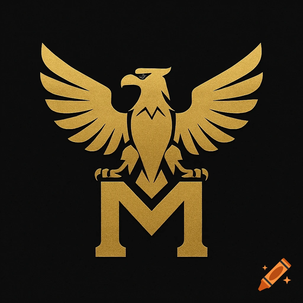 Golden eagle perched on a large letter M, forming a logo on a black background.