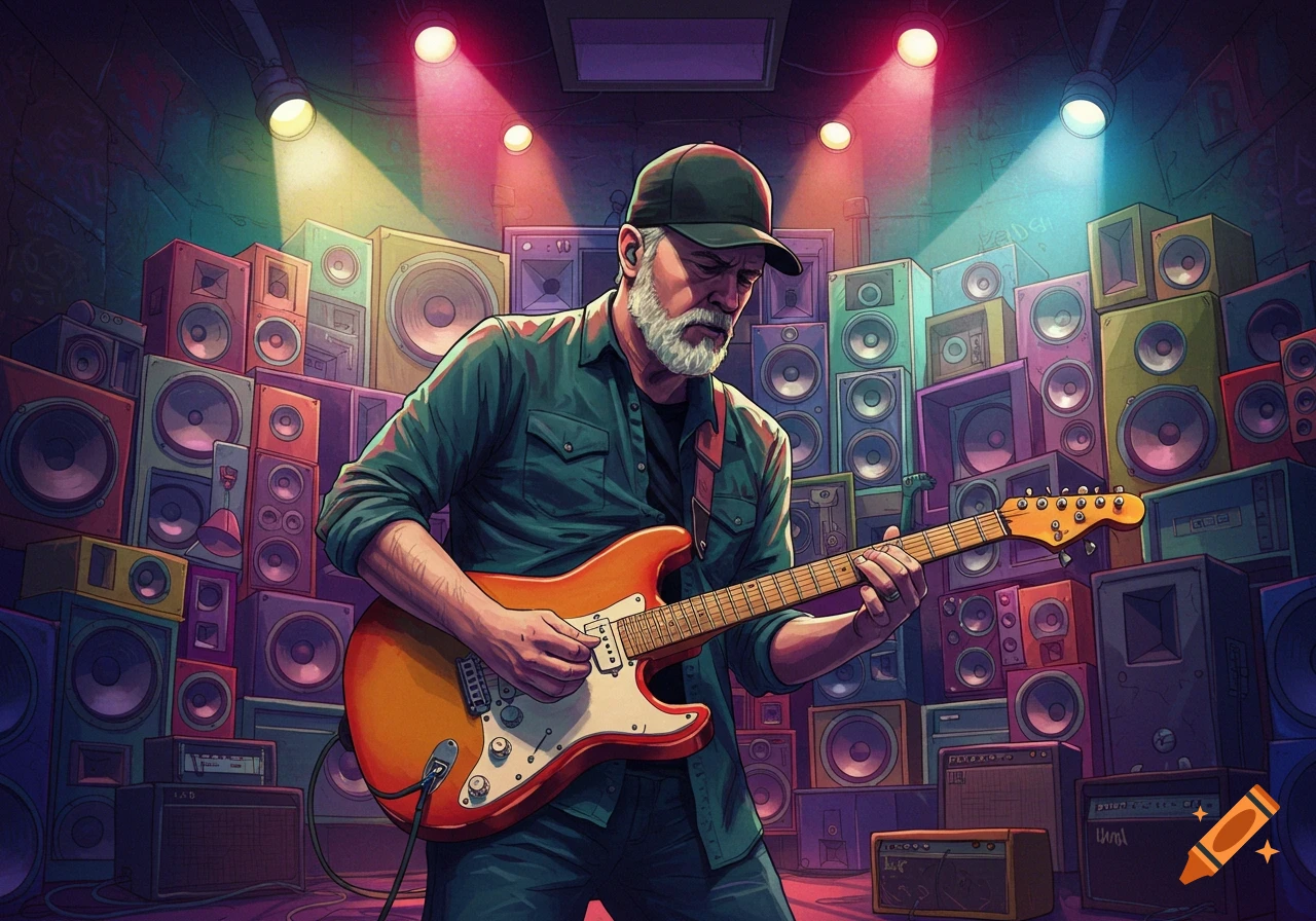 Vibrant illustration of a man playing electric guitar in a room filled with speakers.