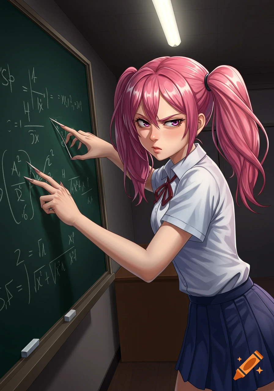 An anime girl with pink pigtails and a school uniform points at a chalkboard filled with mathematical equations.