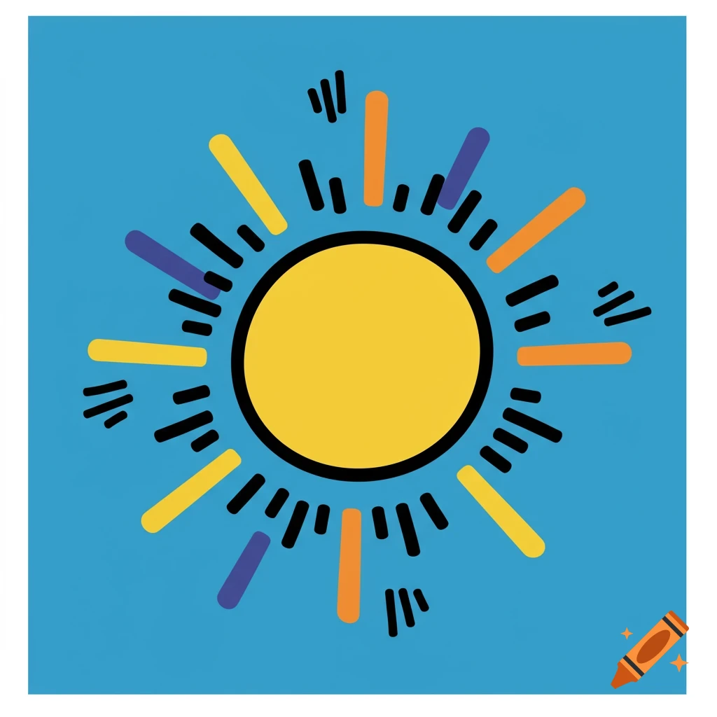 A simplistic sun drawn in Keith Haring style with bold lines and colors on a blue background.