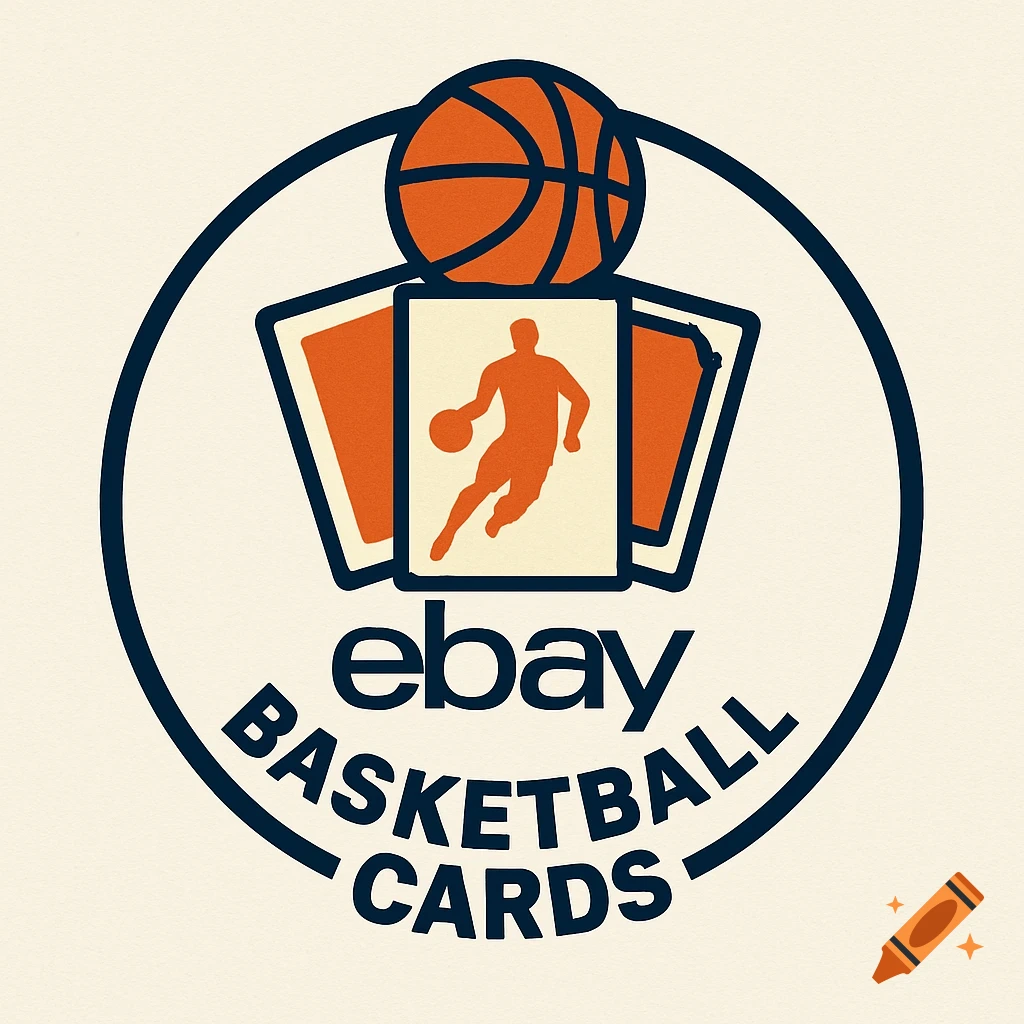 Logo for ebay basketball cards featuring a basketball, trading cards, and text