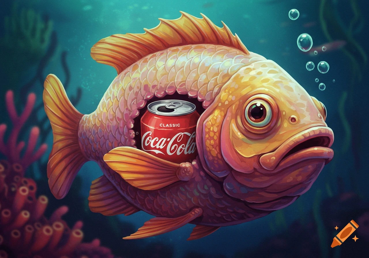 Illustration of a fish with a Coca-Cola can inside it, underwater.
