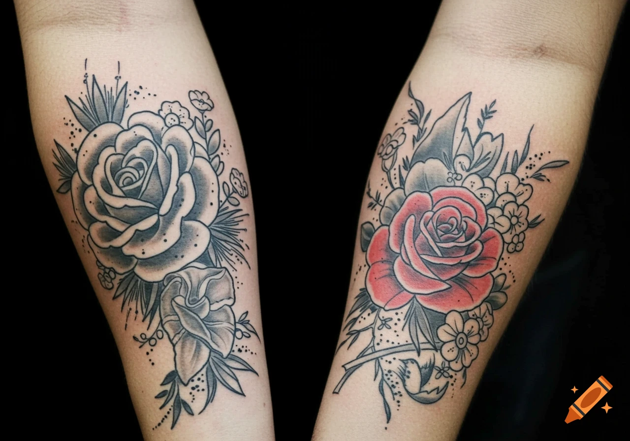 Two arms show floral tattoos, one black and grey, the other red and grey.