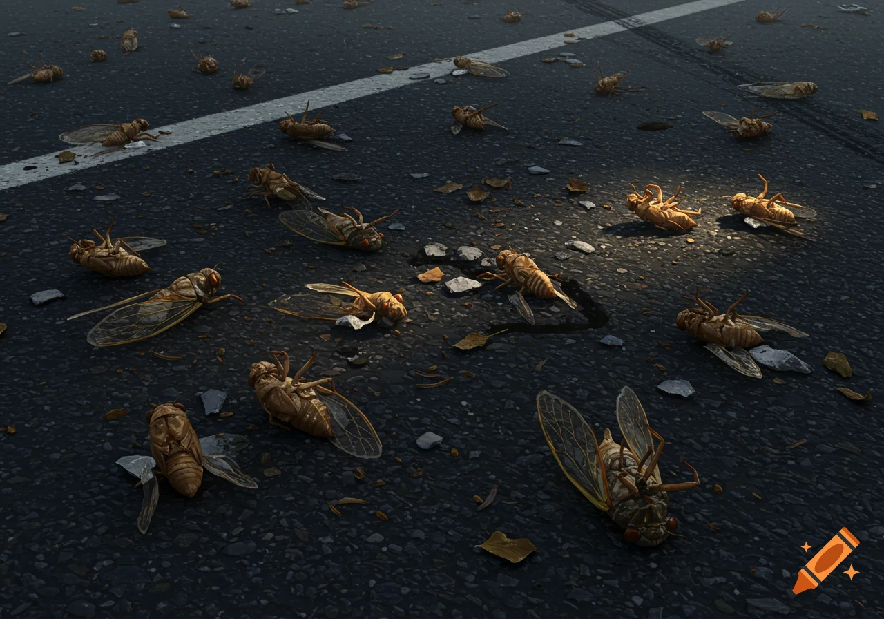 Dead cicadas are scattered across an asphalt road near a white line.
