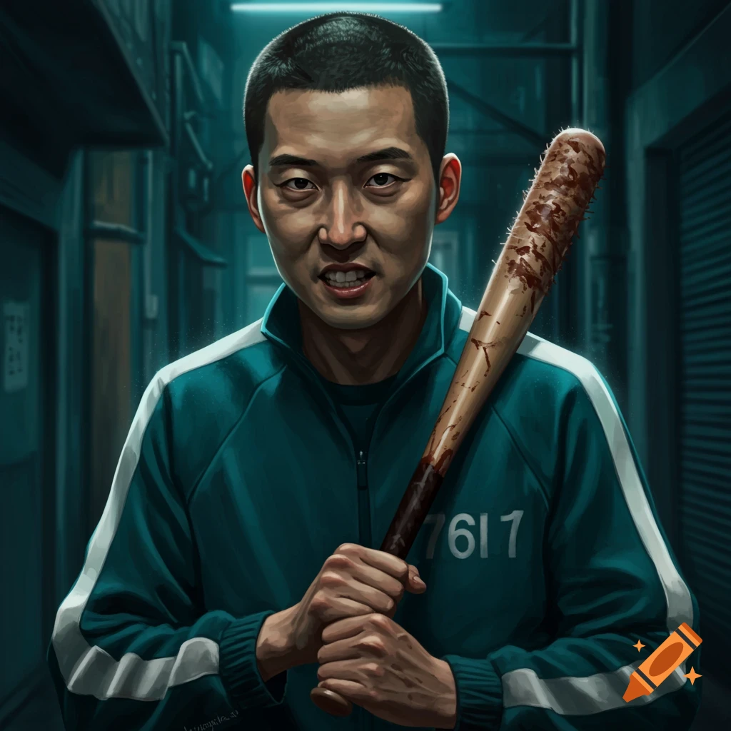 Digital painting of a man in a teal Squid Game tracksuit holding a bloody baseball bat in a dark alley.
