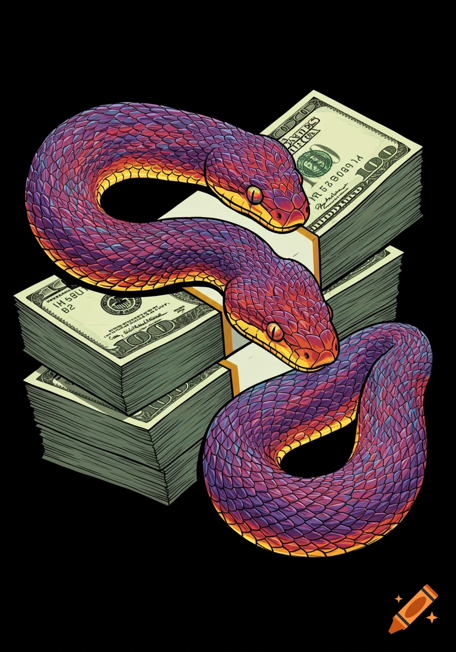 Illustration of two purple and red snakes on stacks of hundred dollar bills.