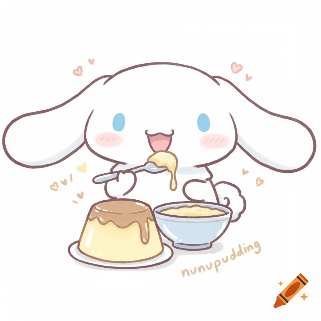 Cute cartoon white dog character similar to Cinnamoroll eating pudding with a spoon.