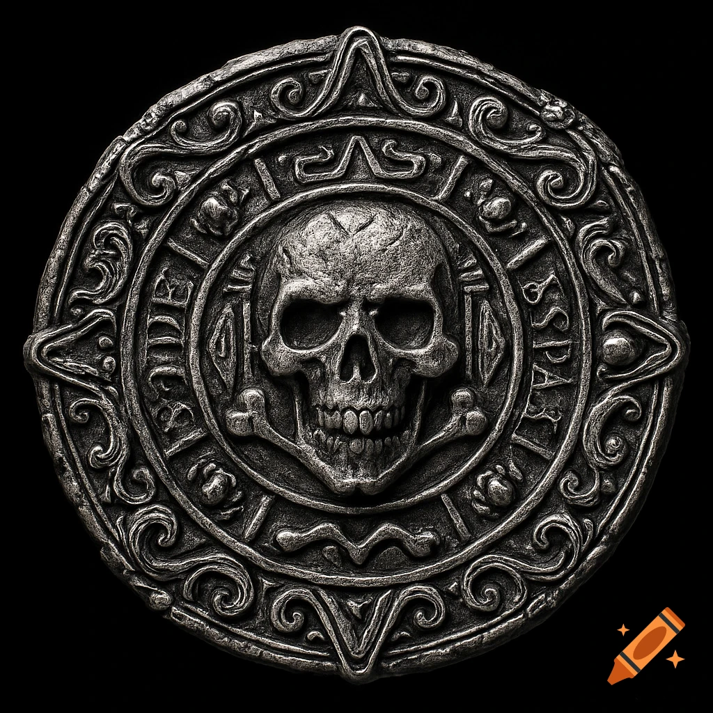 Detailed black and white pirate medallion with skull and crossbones and ornate engraving
