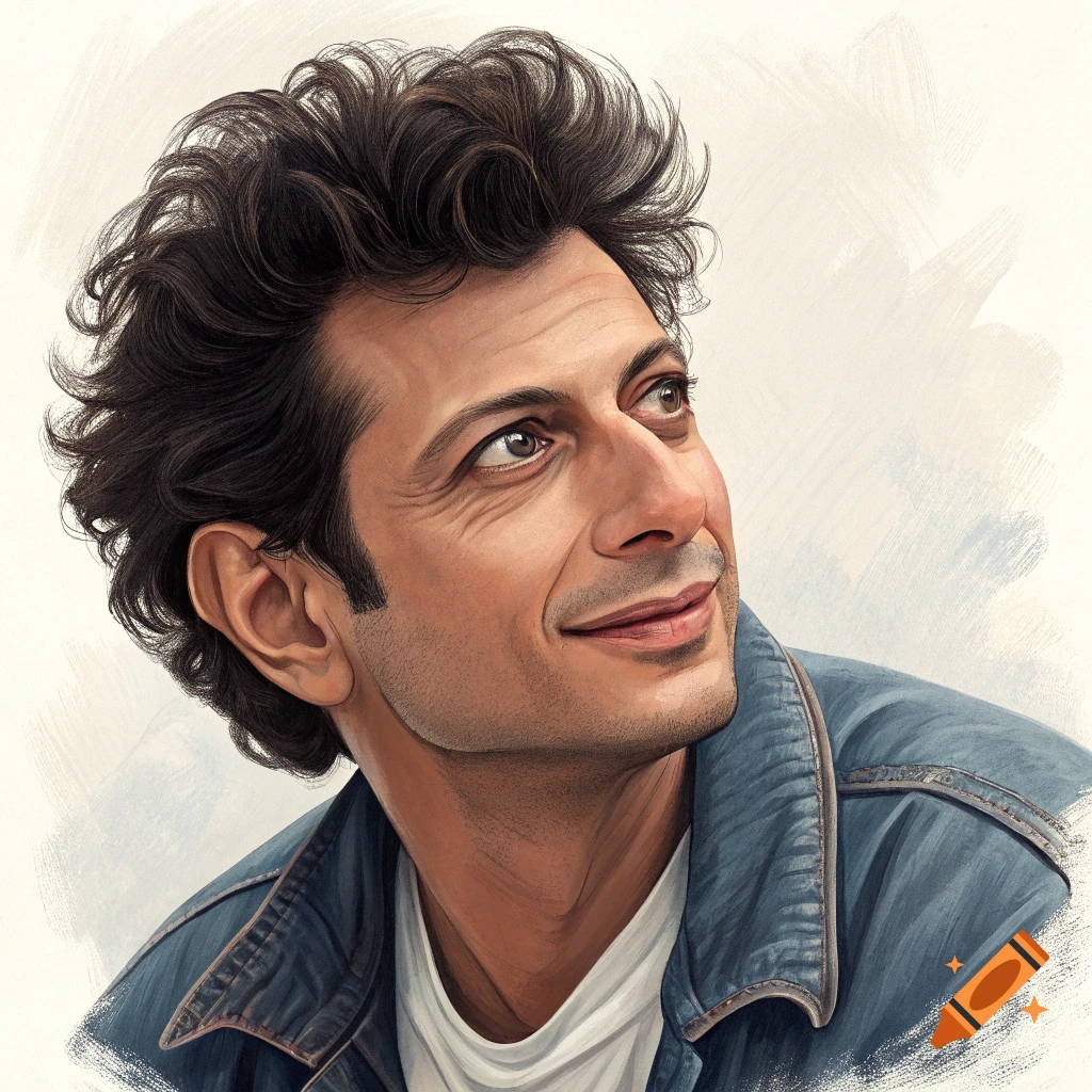 Digital painting portrait of Jeff Goldblum looking up.