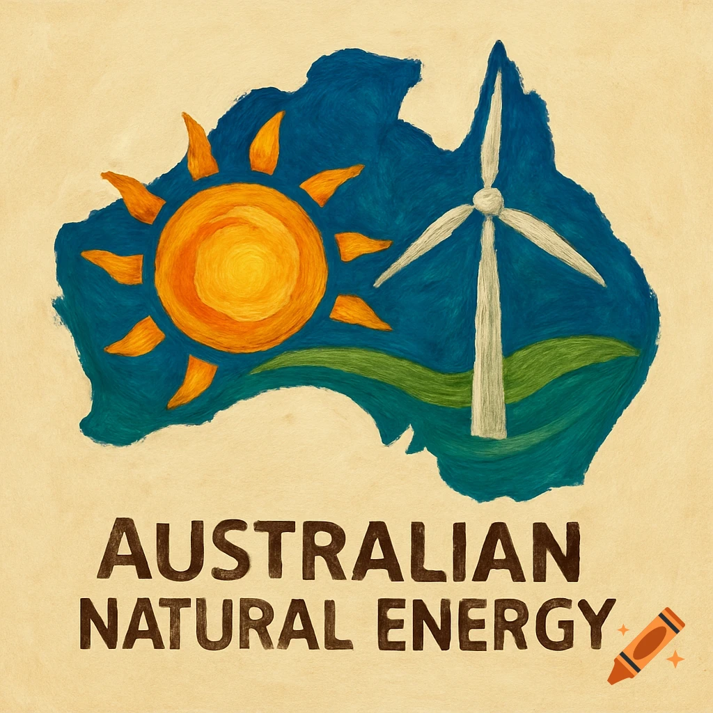 Stylized logo of Australia with a sun, wind turbine, green hills, and text 'Australian Natural Energy'.