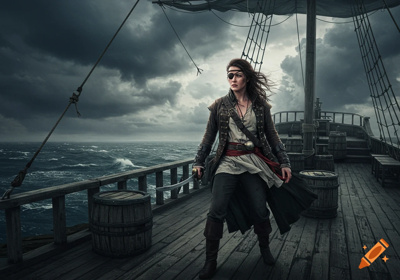 A female pirate stands on the deck of a ship, looking out at a stormy sea under dark clouds.