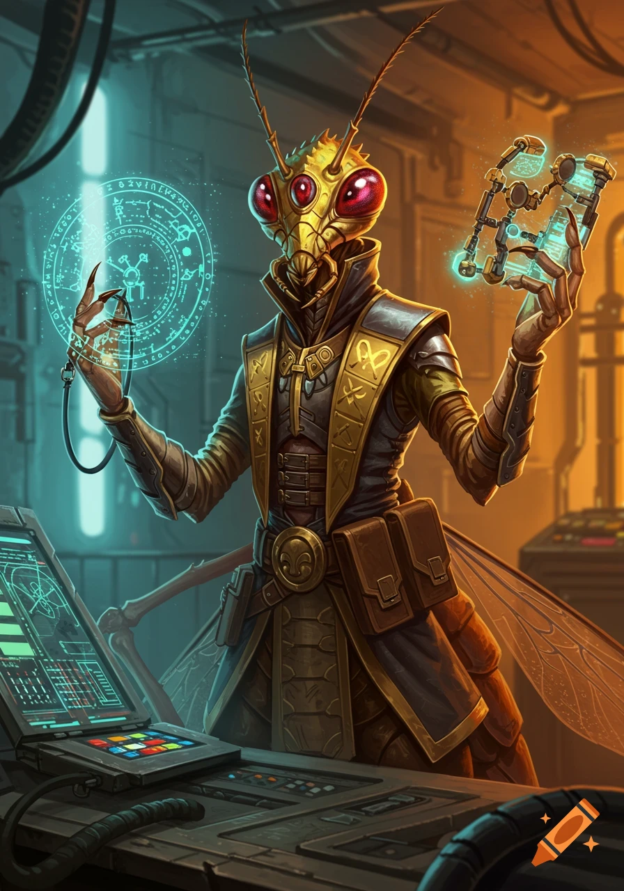 Thri-kreen artificer working with glowing devices in a lab on Craiyon