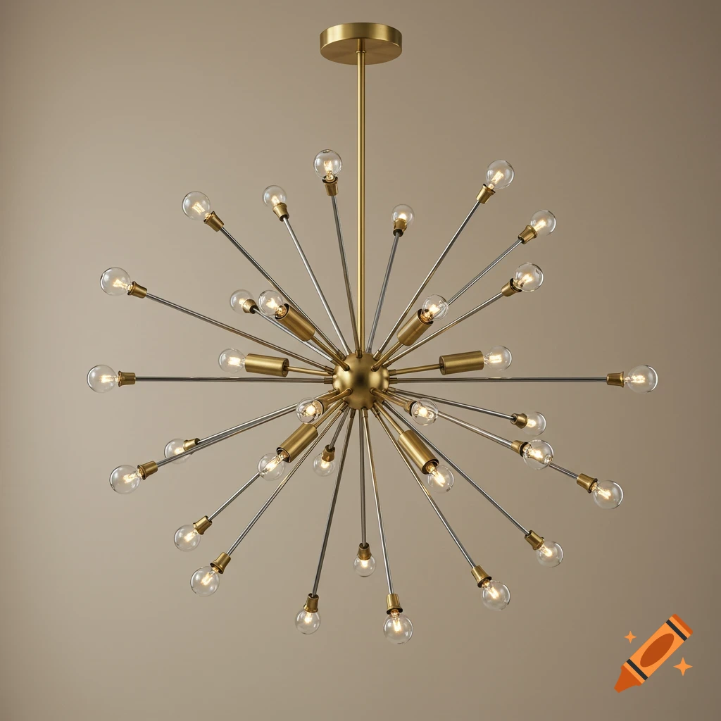 A large gold and silver mid-century modern Sputnik chandelier hangs against a neutral background.