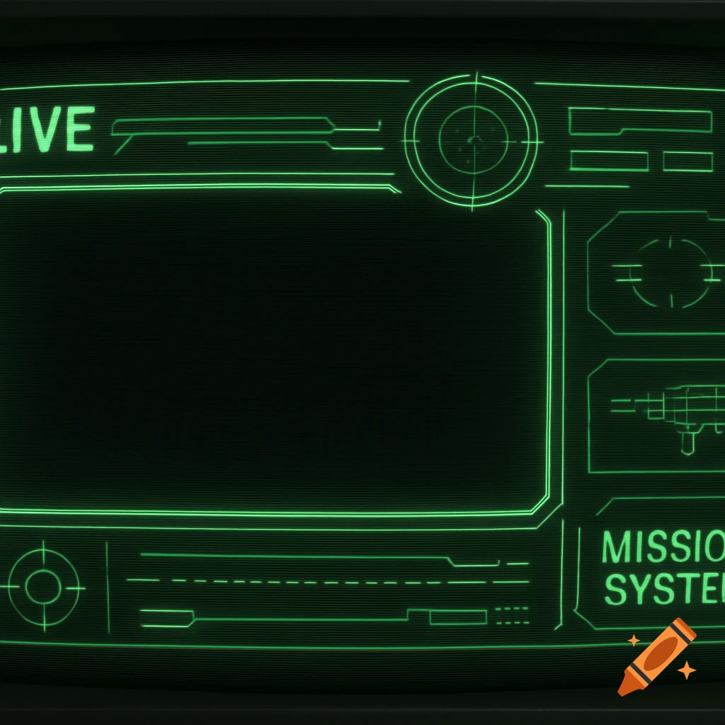Retro sci-fi computer screen interface with green lines and text