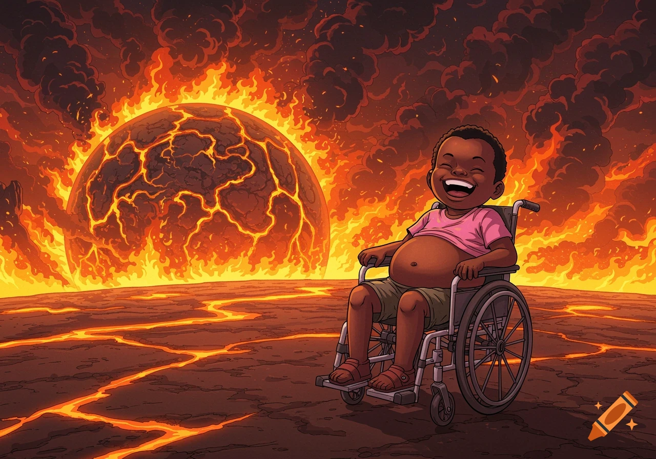 Illustrated black child in a wheelchair smiles on a burning planet.