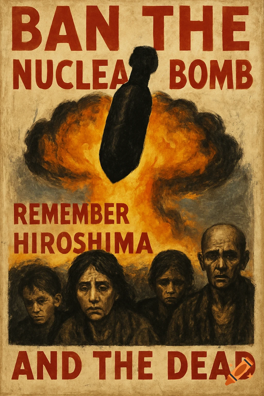 Vintage style anti-nuclear war poster with text, a mushroom cloud, and distressed figures.