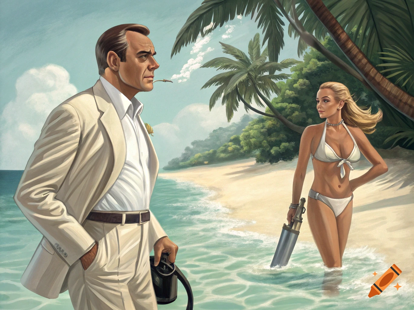 Illustration of Sean Connery in a suit and Ursula Andress in a white bikini on a beach, referencing Dr. No.