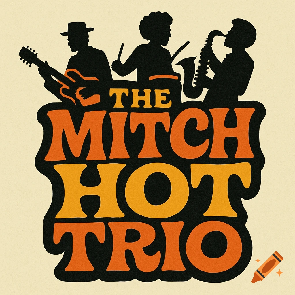 Retro logo for The Mitch Hot Trio band with musician silhouettes