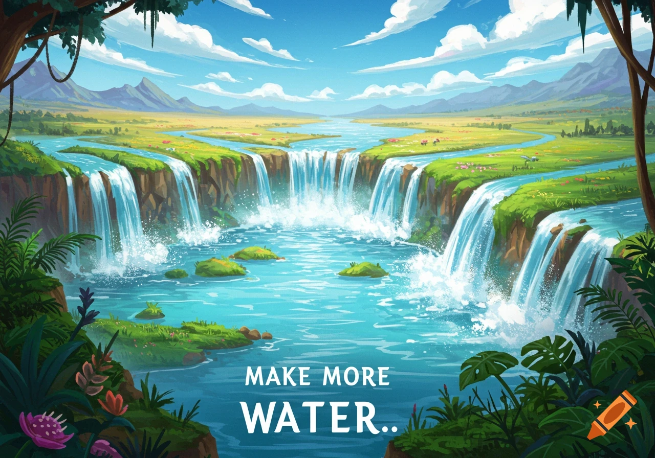 A vibrant cartoon landscape with multiple waterfalls flowing into a river. Text says "MAKE MORE WATER..".