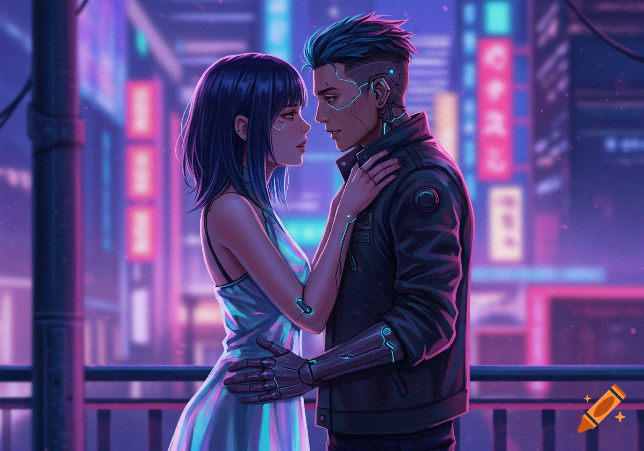 Cyberpunk couple embracing in a futuristic city at night, anime style.