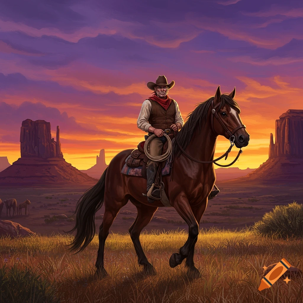 A cowboy on a horse rides through a desert landscape at sunset with mesas in the background.
