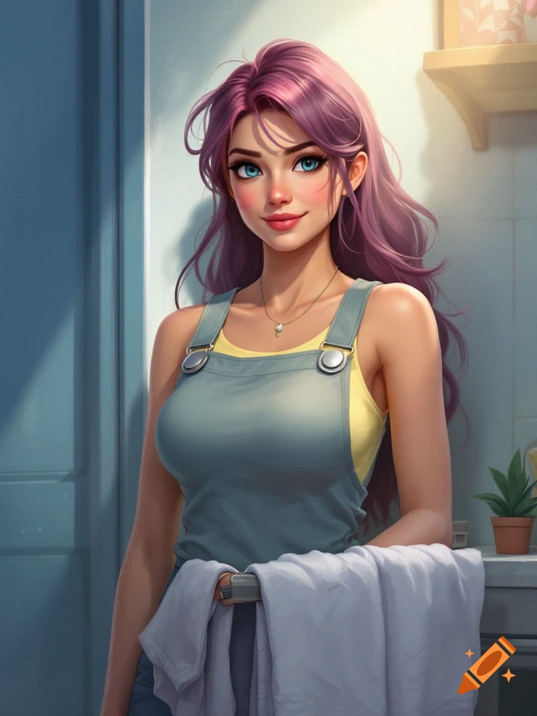 Anime style portrait of a woman with purple hair wearing overalls and yellow tank top, holding a towel.