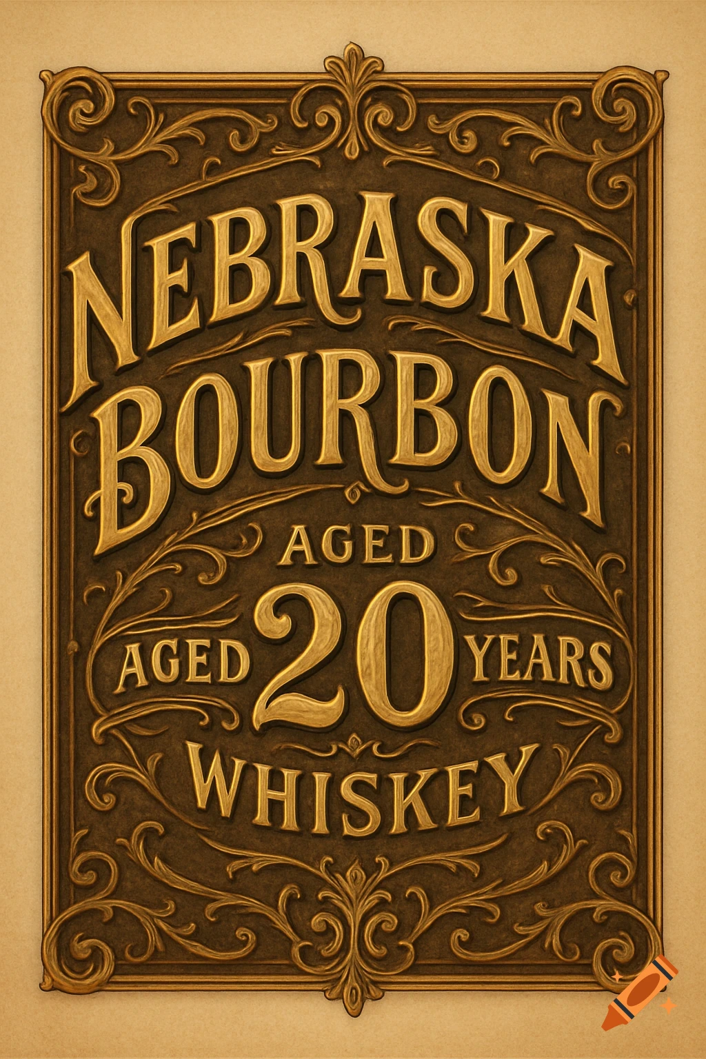 Vintage style label with gold ornate lettering on bronze, reading 'NEBRASKA BOURBON AGED 20 YEARS WHISKEY'