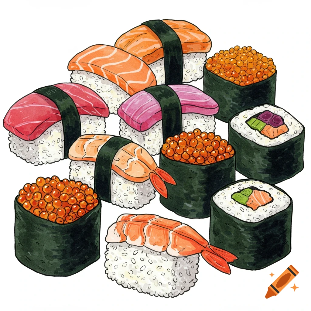 A variety of sushi pieces in a colored hand-drawn style.