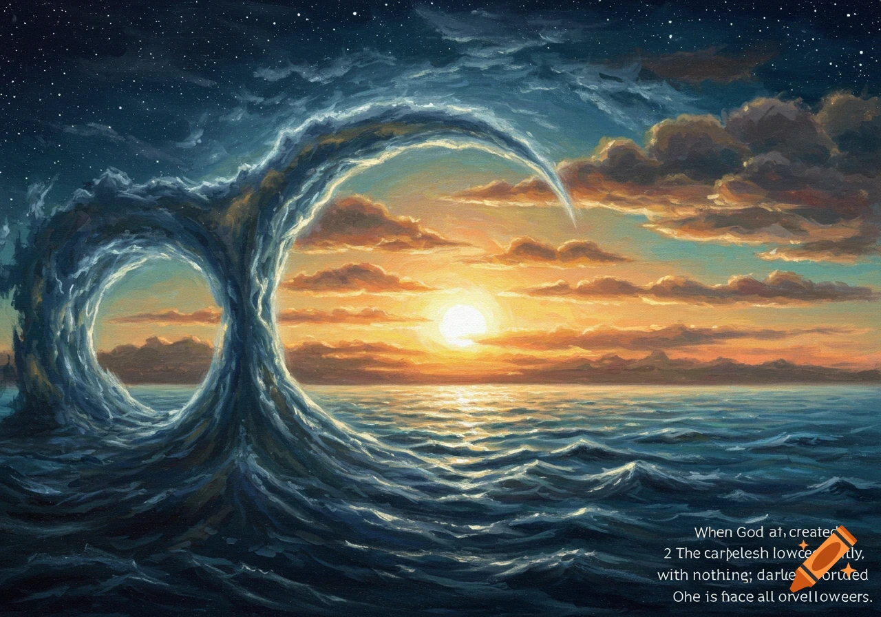 Surreal painted ocean scene with a figure-eight wave dividing starry night and sunset sky