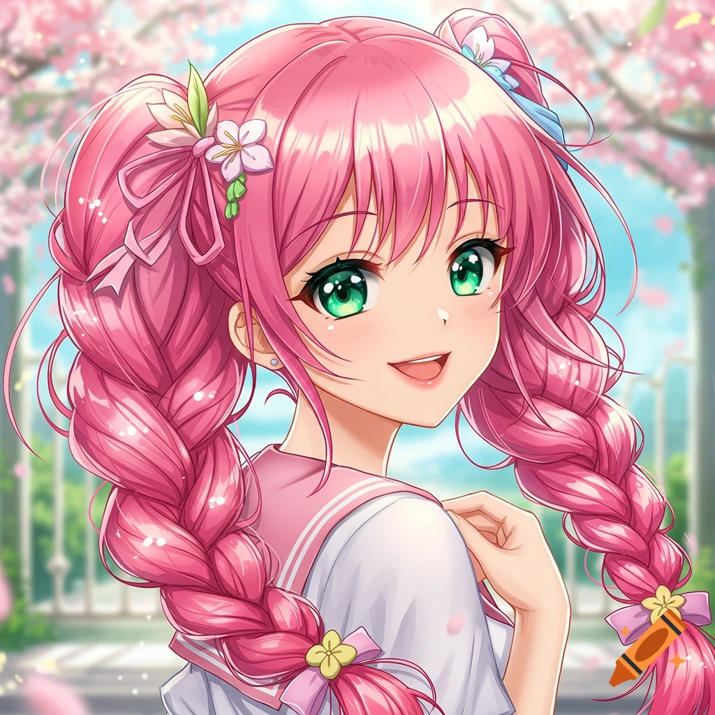 Anime girl with pink braided hair and green eyes in a spring park with cherry blossoms.