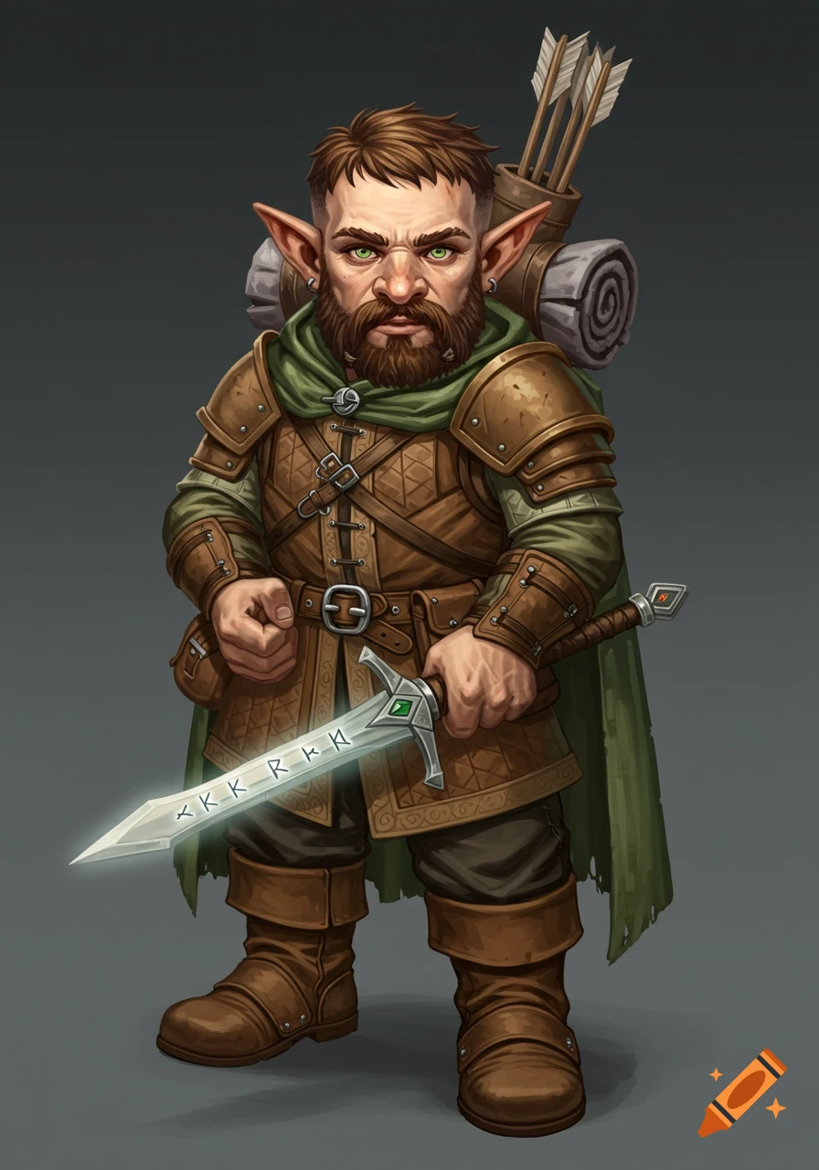 A fantasy gnome ranger with a beard and green eyes holds a glowing rune sword.