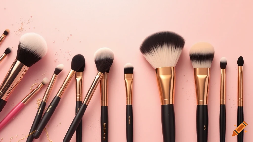 Close-up overhead view of various makeup brushes with black and gold handles on a pink background.
