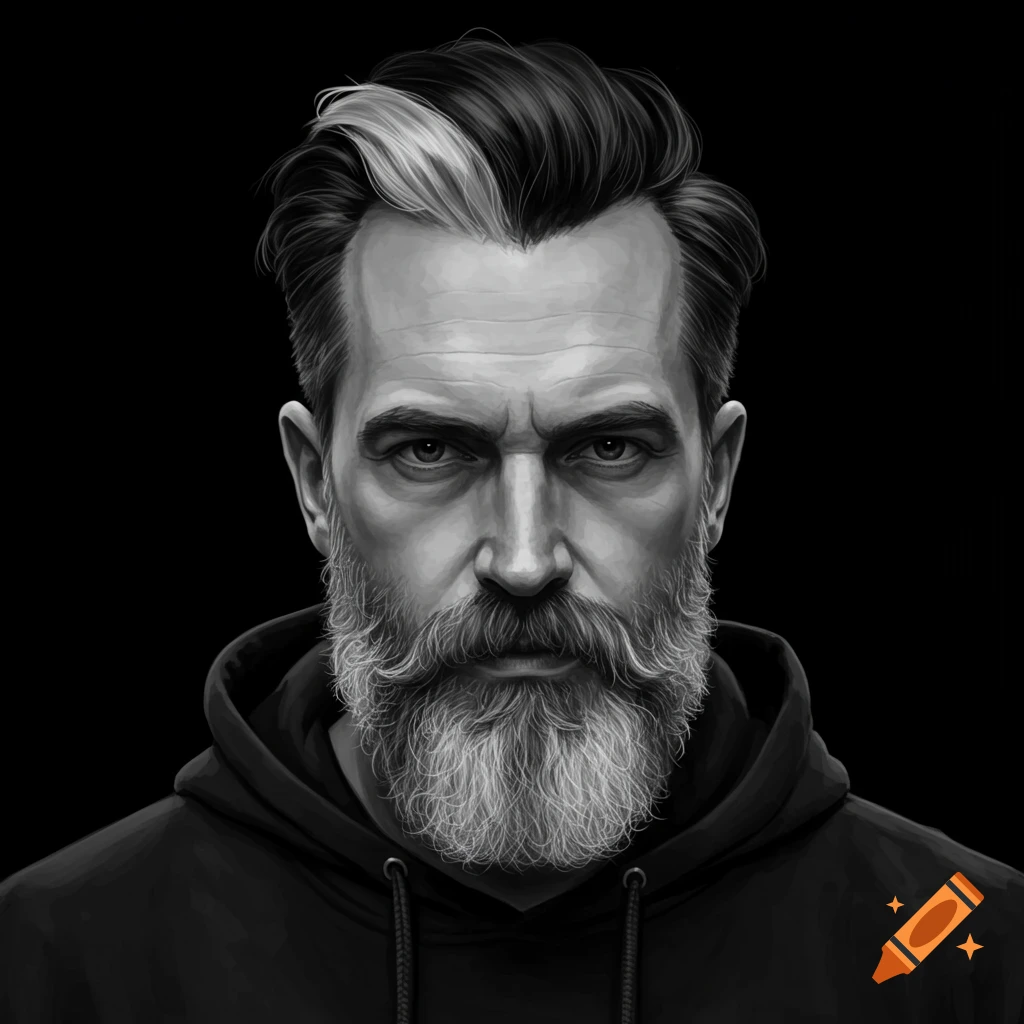 Black and white illustration of a man with a beard, mustache, and white streak in hair, wearing a hoodie.