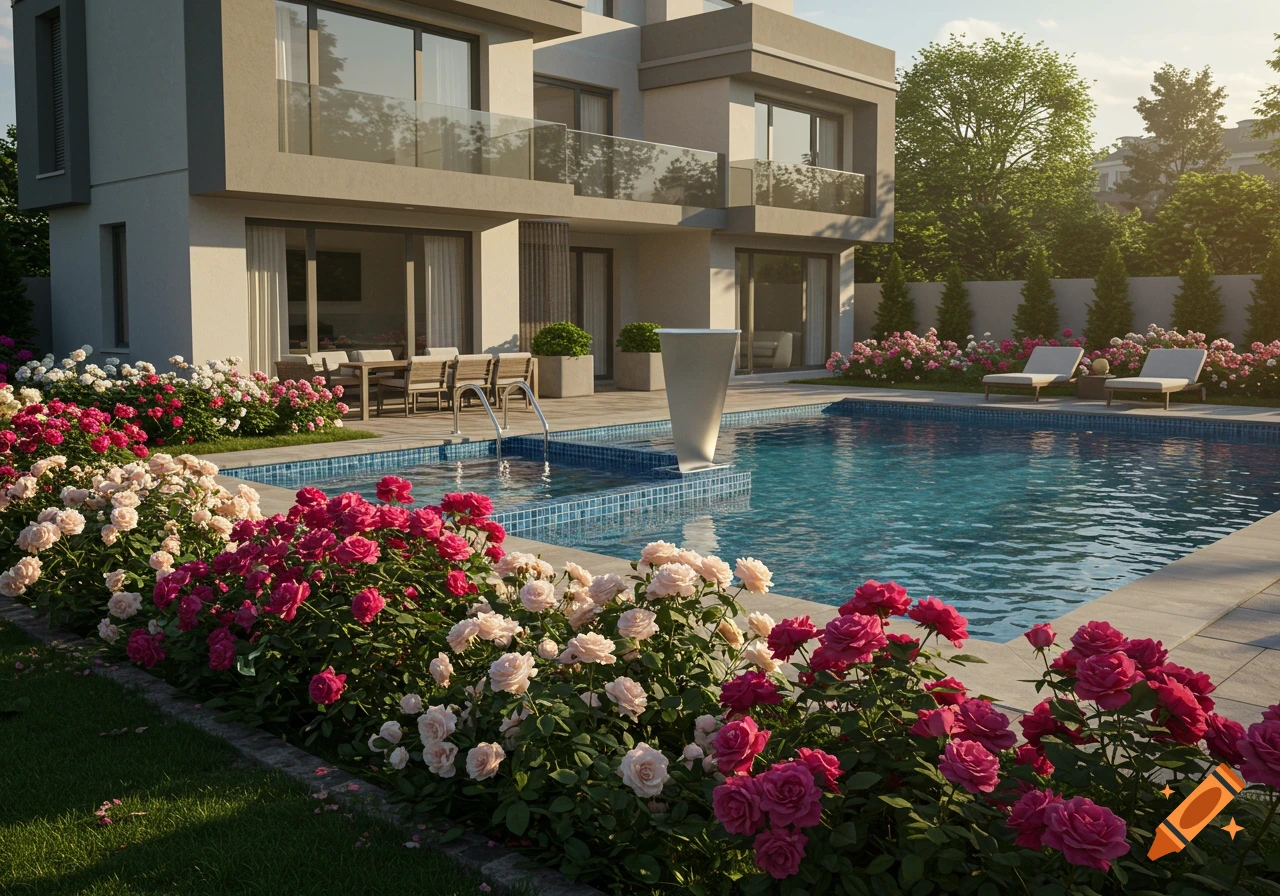 Photorealistic view of a modern villa with a swimming pool surrounded by a vibrant rose garden.