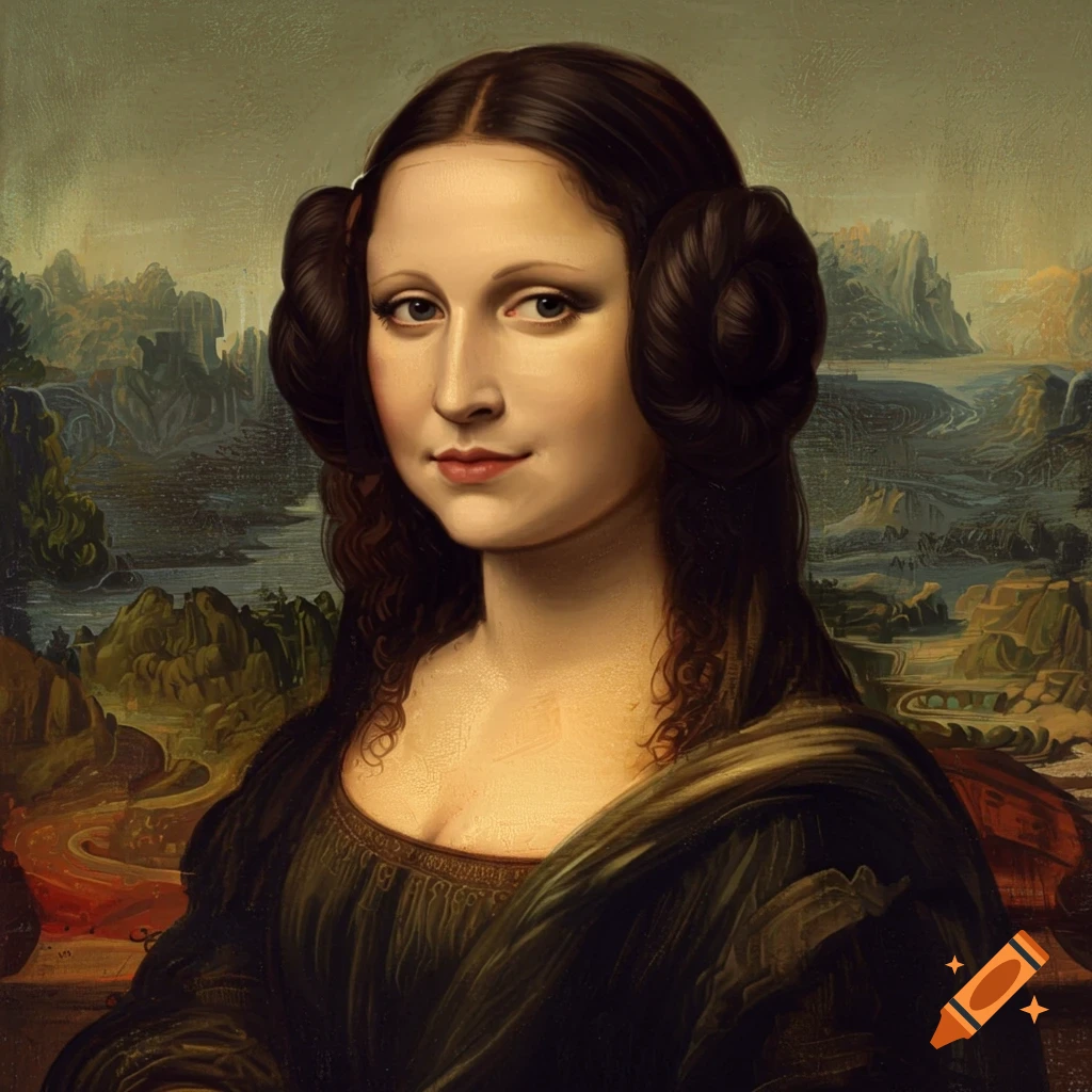 Painting of the Mona Lisa with Princess Leia hair buns
