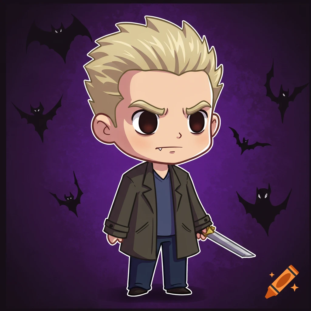 Cute cartoon character with fangs holding a sword, surrounded by bats on purple background.