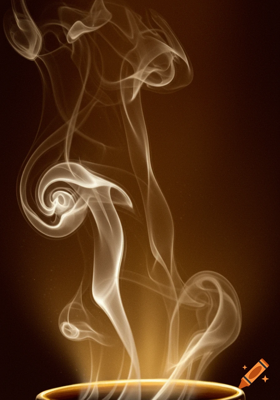 Close-up photo of swirling white smoke rising from a dark rim against a brown background.