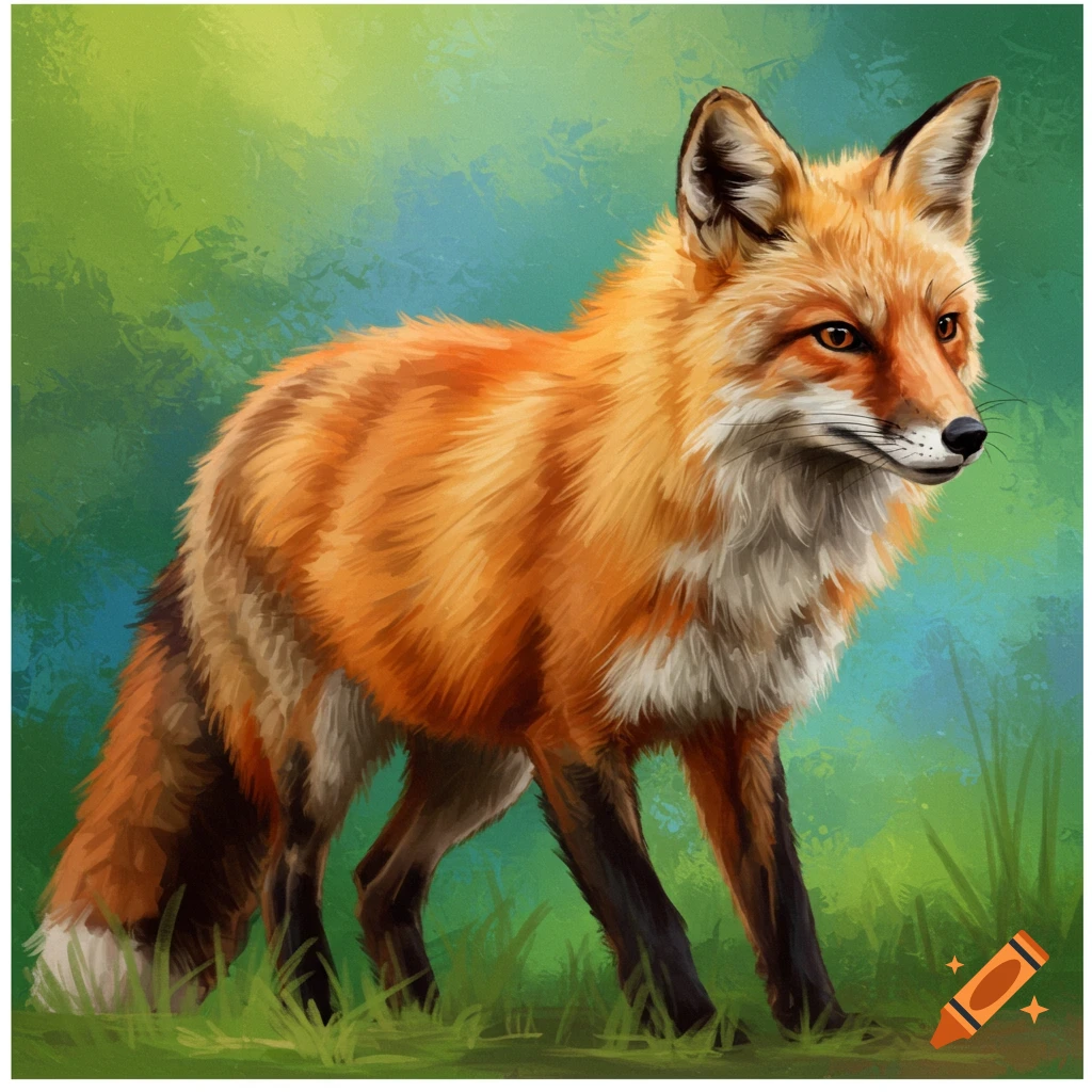 A painting of a red fox standing in green grass.