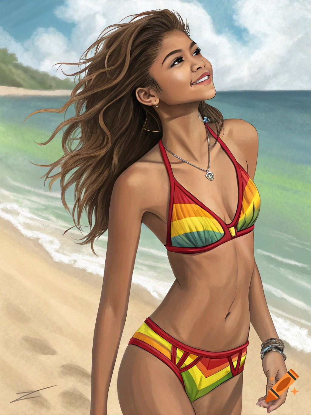 Digital illustration of a woman in a colorful bikini standing on a beach looking up at the sky.