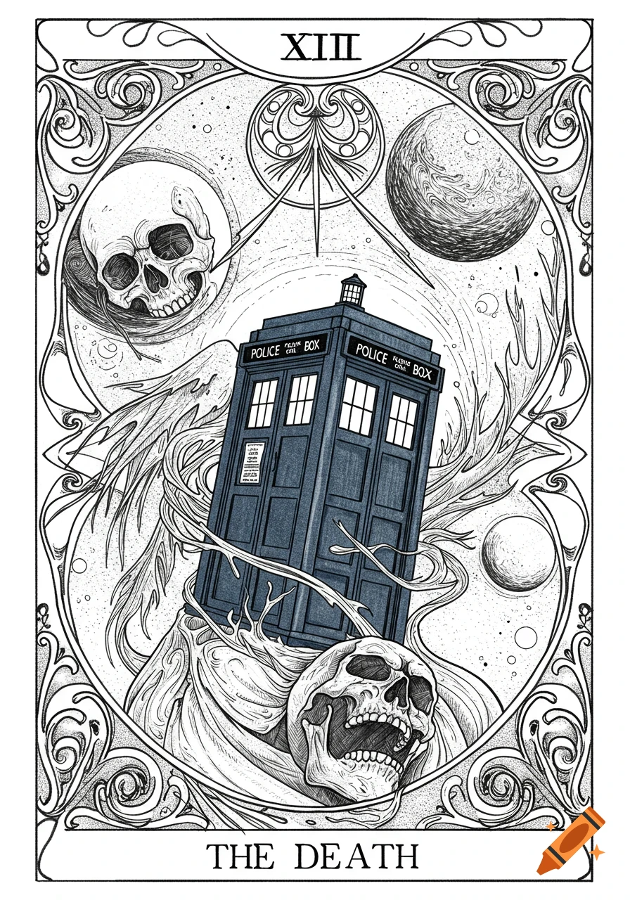 Fine line illustration of a Death tarot card with a TARDIS, skulls, and organic shapes.