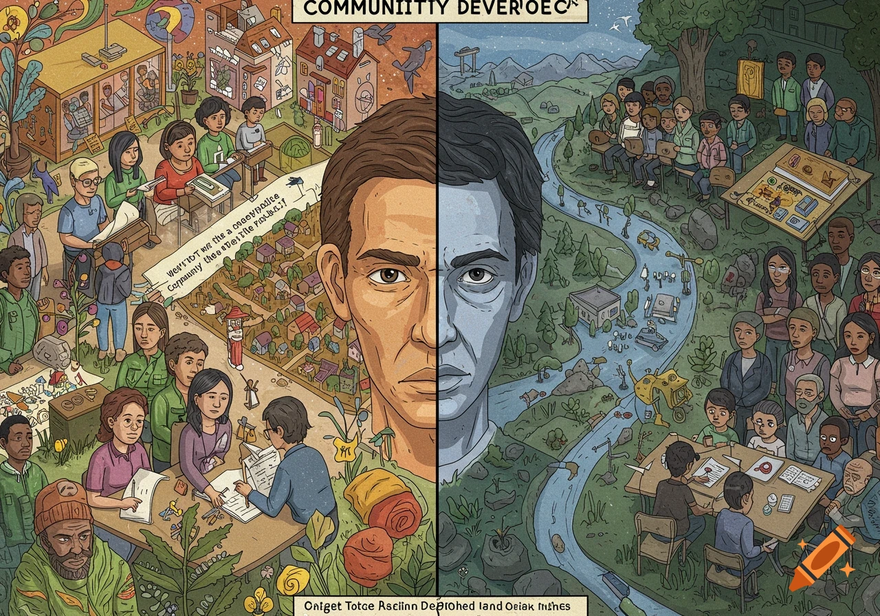 Split illustration with a face in the center, showing a busy community on one side and nature with people meeting on the other.