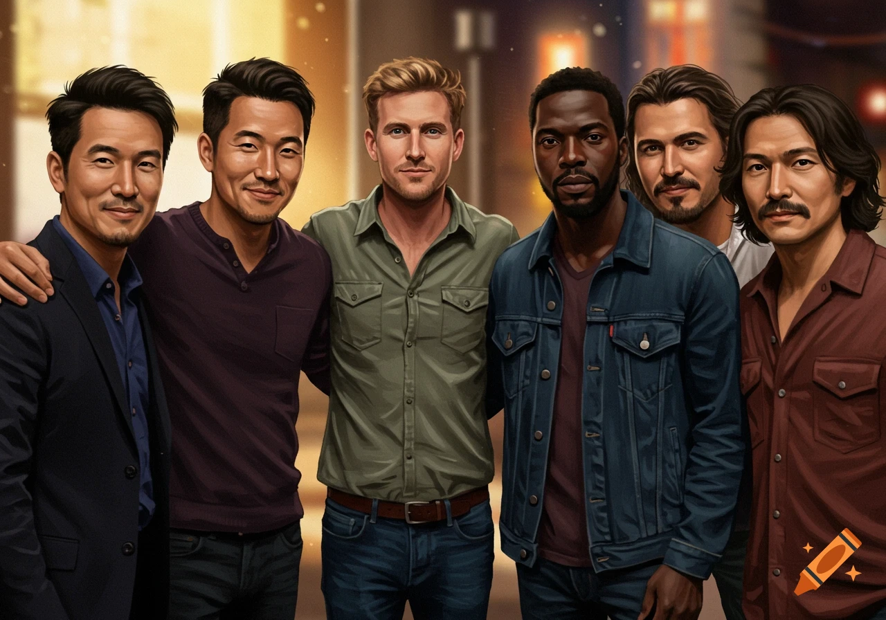 A stylized illustration of a diverse group of six men.