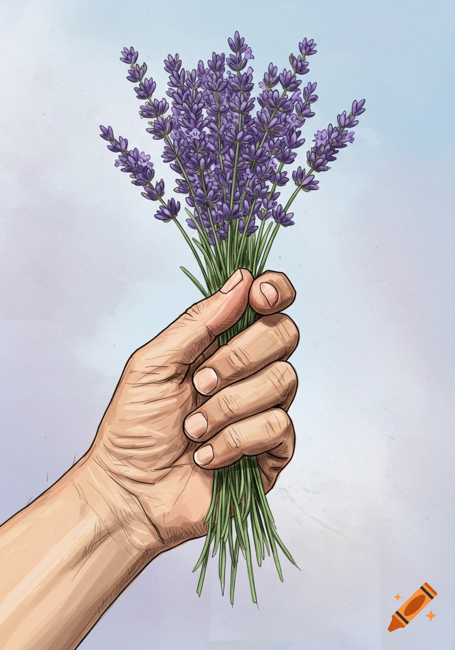 Illustration of a hand holding a bunch of lavender flowers
