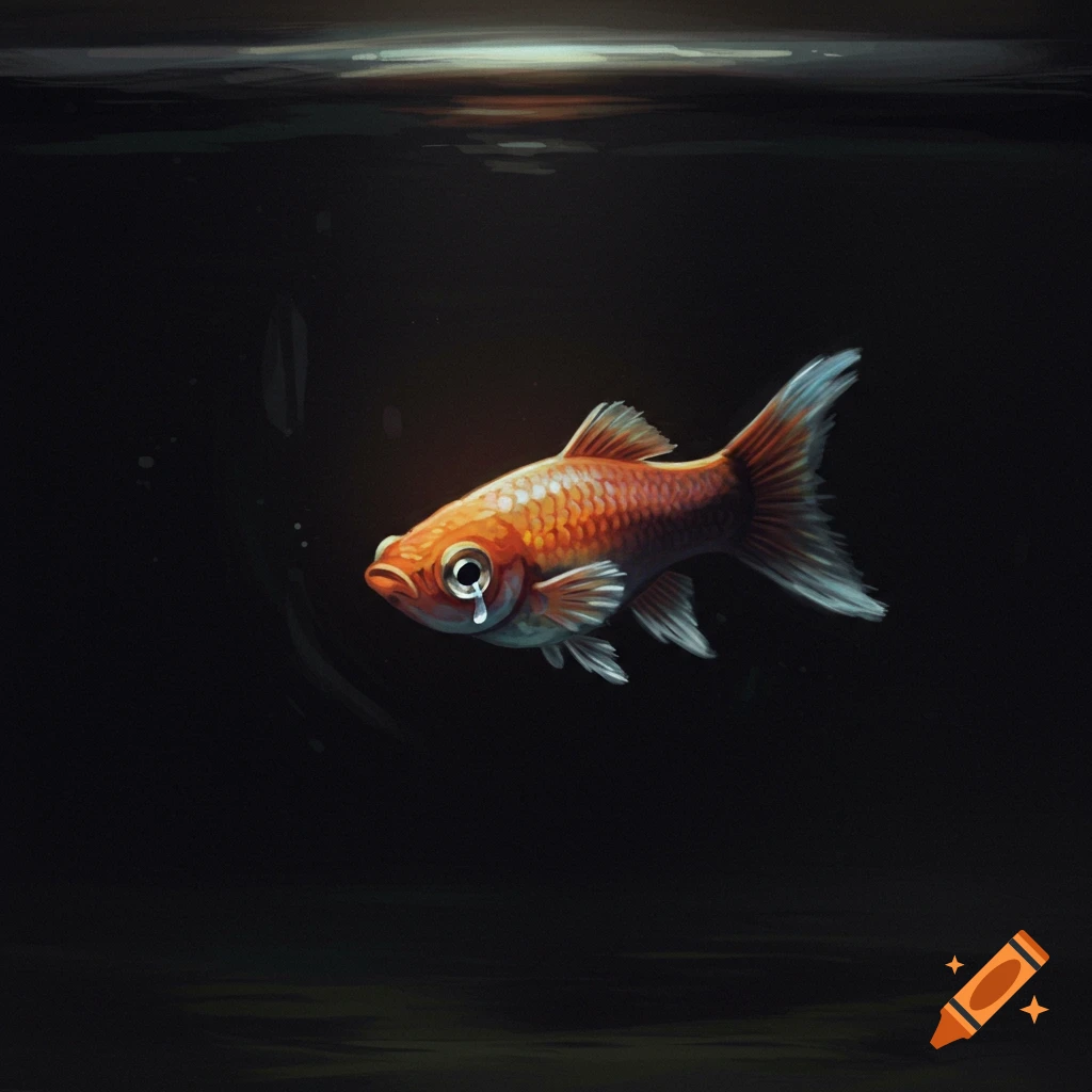 A sad goldfish cries underwater in the dark.