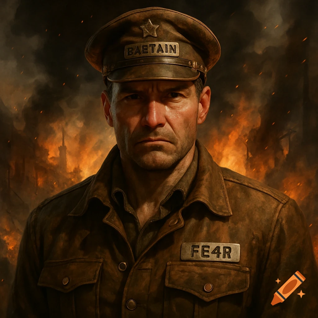 Dramatic portrait of a military captain in a fire-ravaged background.