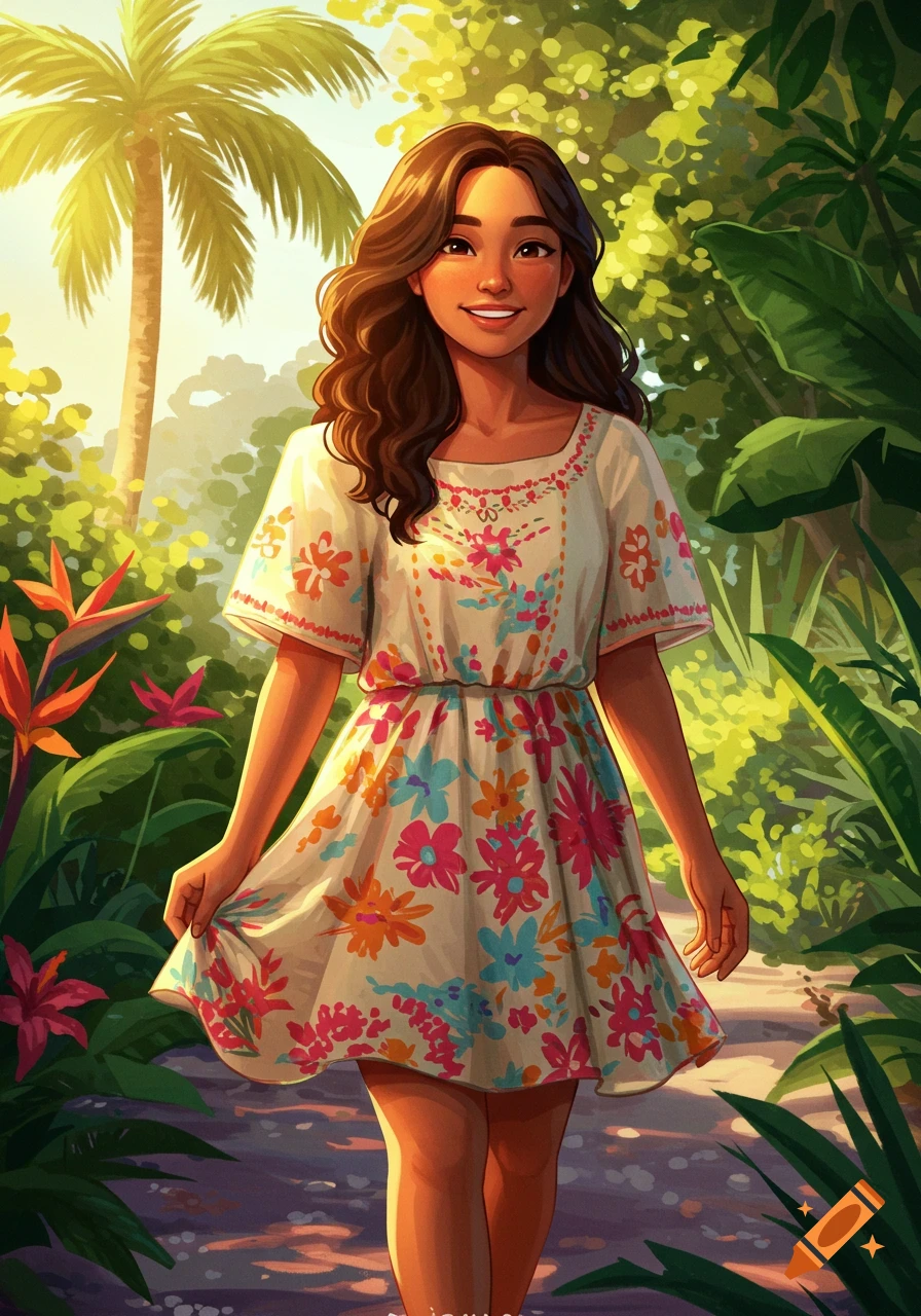 Illustration of a woman in a floral dress standing in a tropical setting