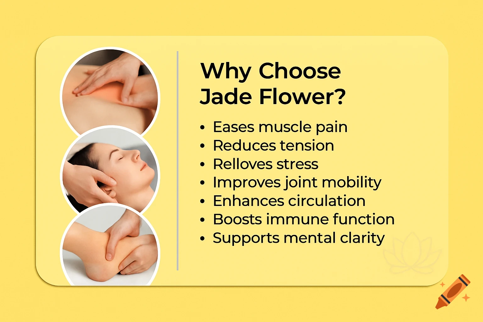 Graphic with three circular photos of massage (back, head, foot) next to a list of benefits on a yellow background.
