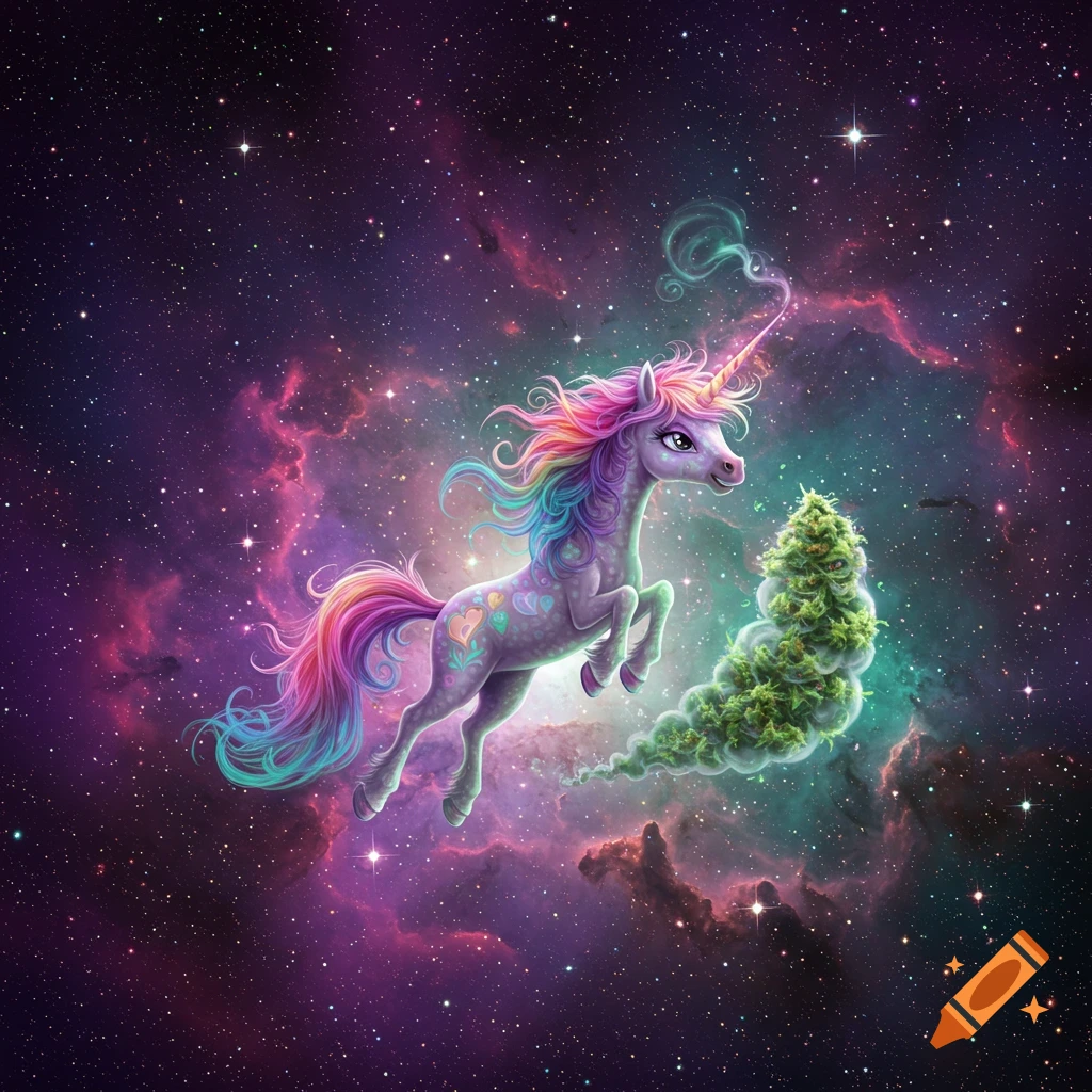 A colorful unicorn floats through space next to a green cloud, possibly marijuana smoke or plant matter, against a nebula background.